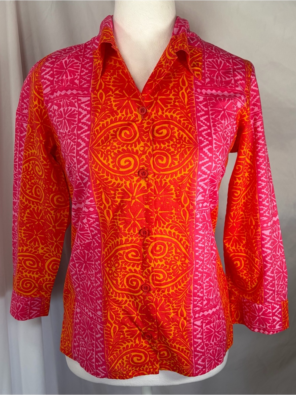 Marimekko Vintage Printed Button-Front 3/4 Sleeve Shirt Pink & Orange Size 6